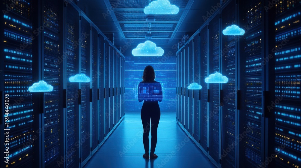 Poster a figure stands in a server room, illuminated by blue lights, with digital cloud icons floating abov
