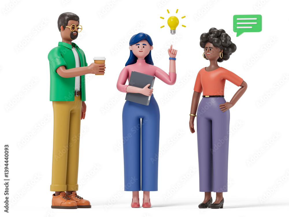 Poster 3d people discussing ideas symbolize brainstorming and collaboration. 3d rendering, conceptual image