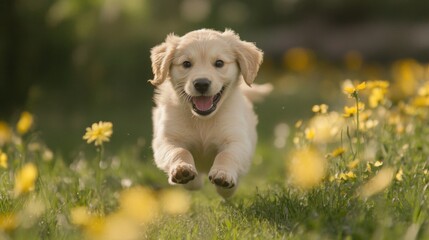 Golden Retriever Puppy Running Through Yellow Flowers