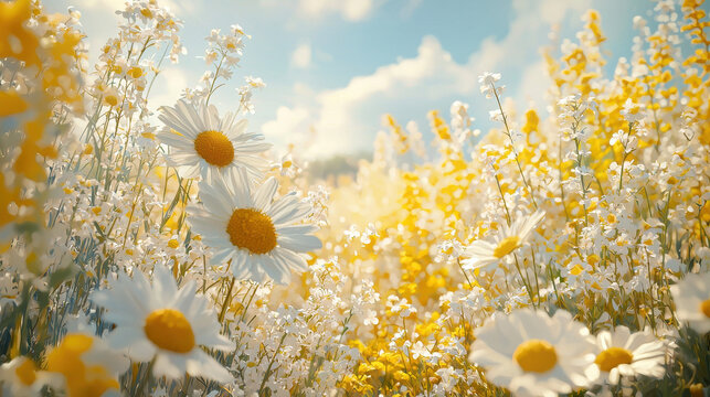 A vibrant field of daisies and wildflowers basks in the warm sunlight of a beautiful summer day creating a cheerful and idyllic nature scene perfect for sptime backgrounds.