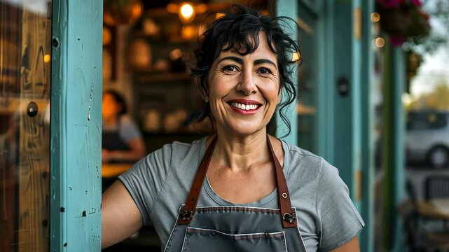 Portrait of a happy owner standing at the door of cefe shop, a cheerful adult waiter waiting for customers at a coffee shop, successful small business owner, professional, service