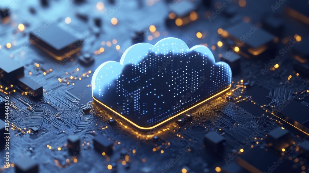 Poster a glowing cloud symbol over a circuit board, representing cloud computing and technology in a digita
