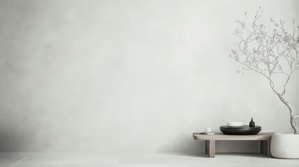 Minimalist decor featuring a simple table with dishes and a branch against a neutral wall