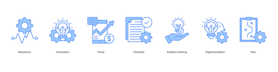 Change Management Process icon sheet vector resistance, innovation, trend, checklist, problem solving, implementation, plan