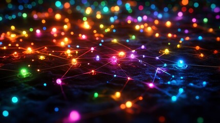 Fototapeta premium Colorful Network Connections with Glowing Particles on Dark Background