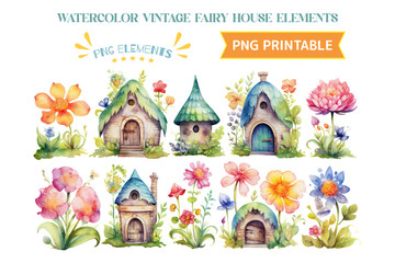 Set of Vintage Fairy House with Flowers in Watercolor Style Isolated on White Background