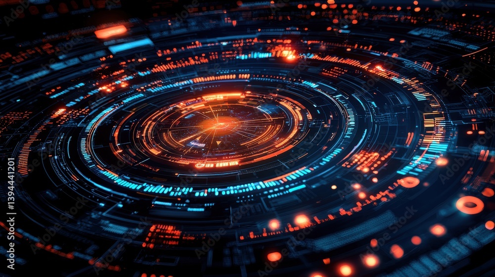 Aufkleber a vibrant digital illustration featuring concentric circles of glowing lines and dots, resembling a 