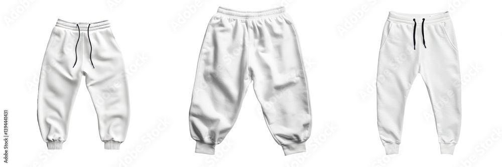 Poster minimalist mockups of white sweatpants showcasing different styles and fits in a simple isolated lay