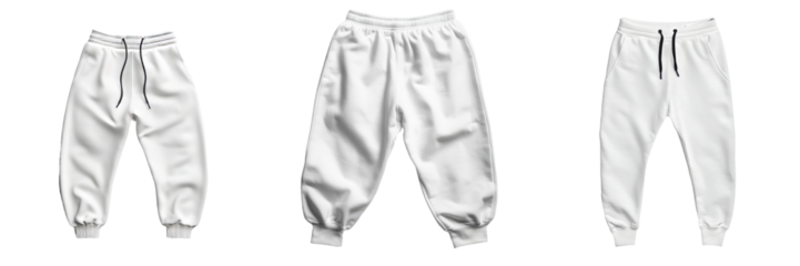 Minimalist mockups of white sweatpants showcasing different styles and fits in a simple isolated layout