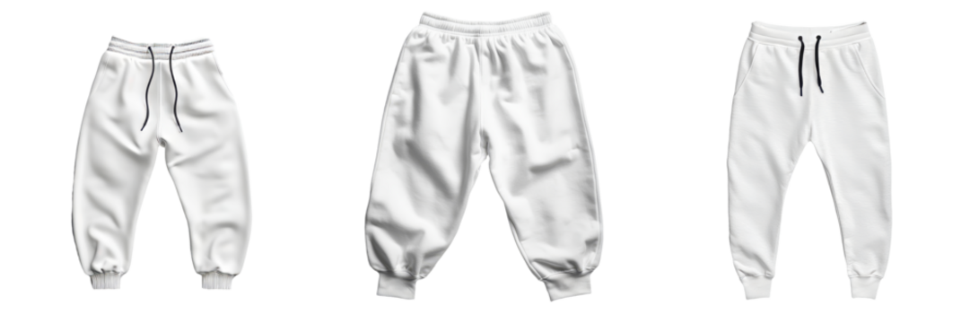 Minimalist mockups of white sweatpants showcasing different styles and fits in a simple isolated layout