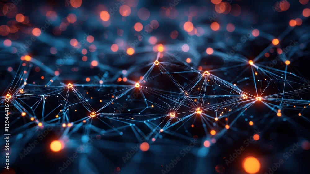 Poster a vibrant digital network of interconnected nodes and glowing lights, representing technology and da