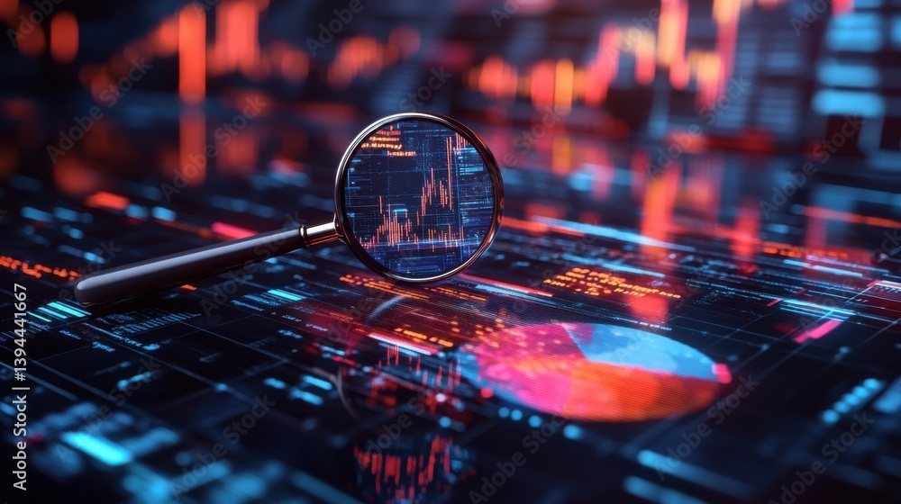 Aufkleber a futuristic magnifying glass reflects vibrant data visuals on a digital screen, showcasing a blend 