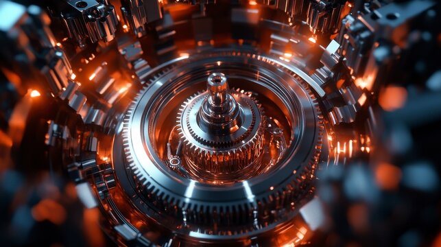 Intricate mechanical gears with glowing elements and reflective surfaces