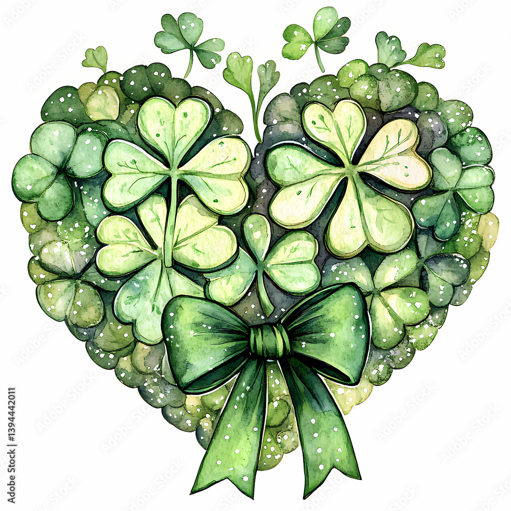 Poster heart shaped design filled with clovers and decorated with a bow generative ai