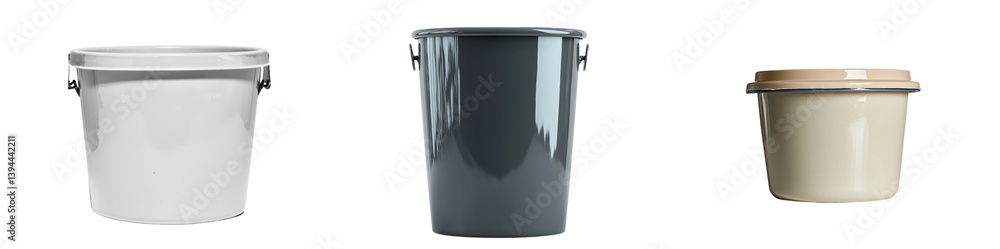 Poster isolated minimalist mockups of three different buckets showcasing diverse shapes and colors for desi