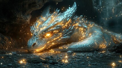 A glowing, ancient dragon resting in a mystical cave, with jewels and magical light reflecting off its scales