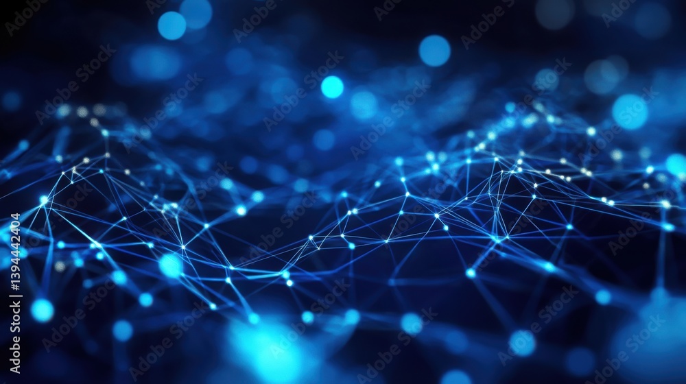 Poster an abstract representation of interconnected blue lines and nodes, resembling a digital network or d