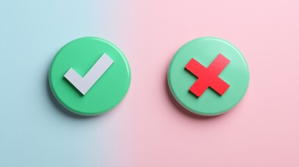 Obraz premium Two round green checkmark and red cross buttons