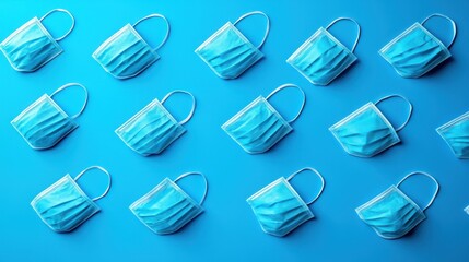 Light-blue face masks arranged in a grid pattern on a bright-blue surface.