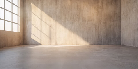 Modern empty room with sunlight streaming through large windows in a minimalistic setting