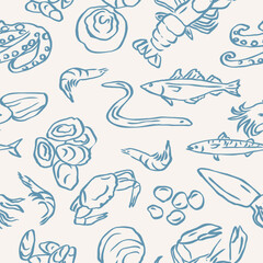 Line art seafood seamless pattern