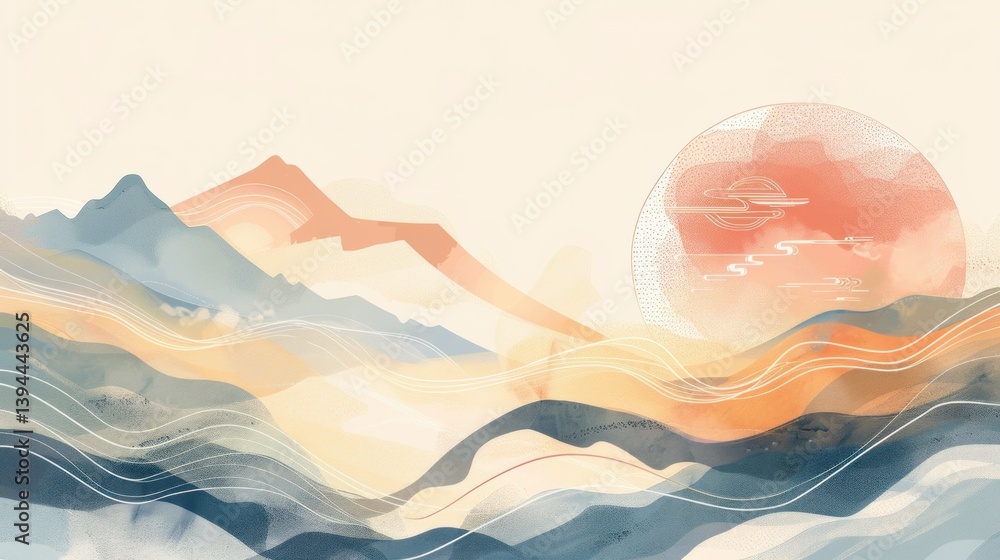Poster minimalistic zen vector design with flowing lines and soft tones.