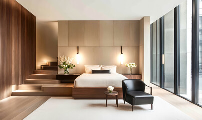 Modern bedroom design featuring calm tones and elegant decor in a spacious setting