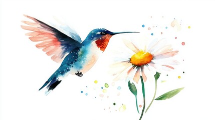   A stunning watercolor depiction of a hummingbird in flight alongside a blooming flower with glistening droplets on its wings