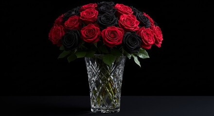 Bouquet of red and black roses in a crystal vase on a black background