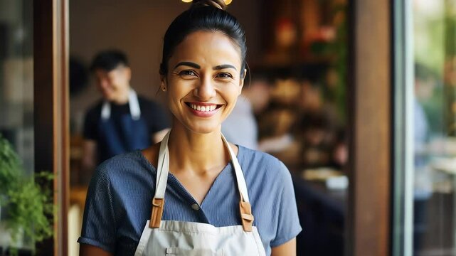 Portrait of a happy owner standing at the door of cefe shop, a cheerful adult waiter waiting for customers at a coffee shop, successful small business owner, professional, service