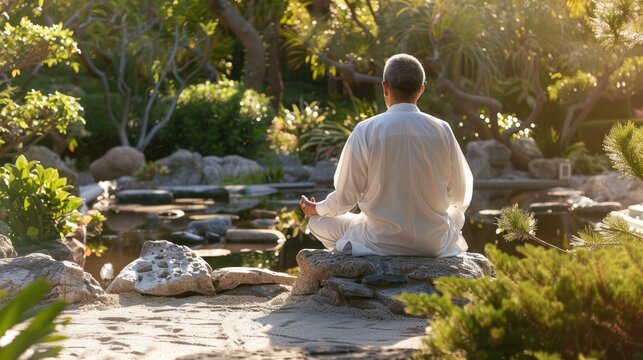 Zen man practicing yoga in a quiet outdoor setting.