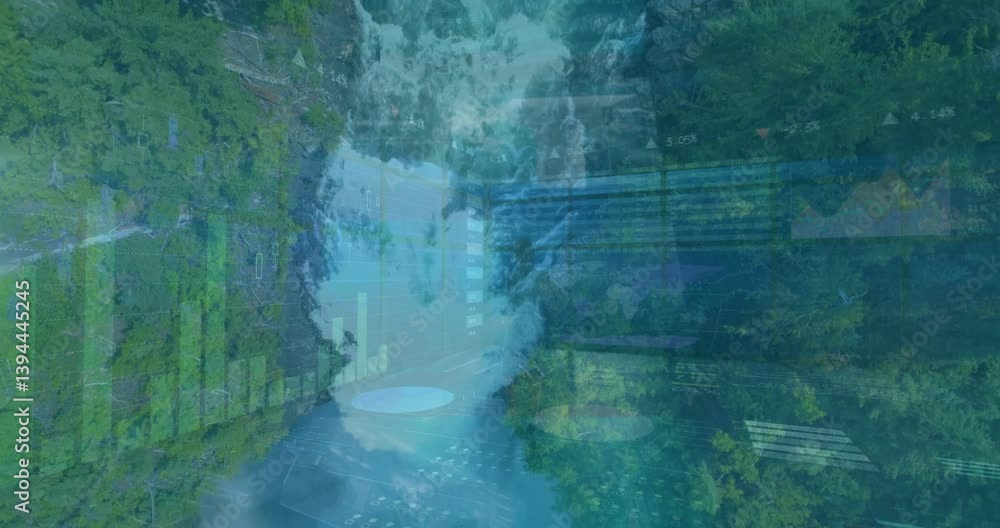 Poster flowing animation of waterfall over digital charts and graphs in lush forest