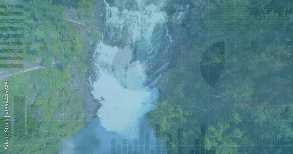 Poster flowing waterfall in forest with animation of data visualization overlay