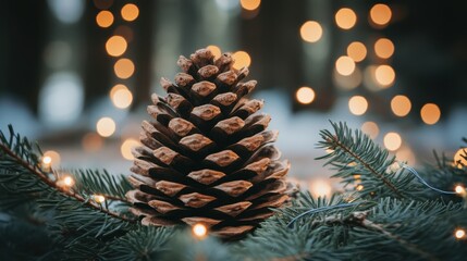 Pinecone and fir branch with bokeh lights for Christmas decoration