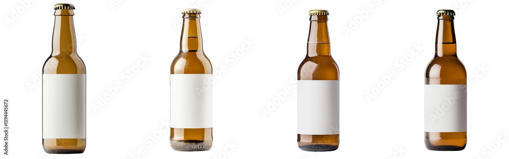 Poster minimalist mockups showcasing four isolated brown beer bottles with blank labels on a white backgrou
