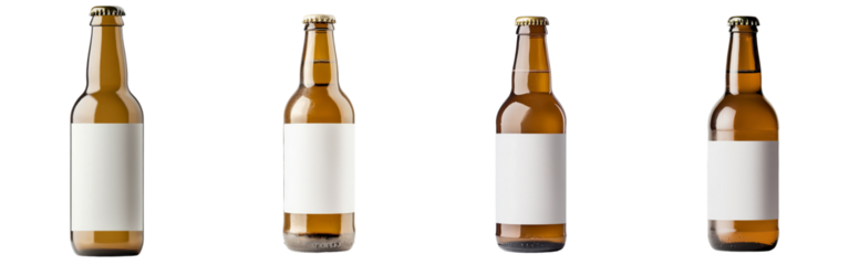 Minimalist mockups showcasing four isolated brown beer bottles with blank labels on a white background for design purposes