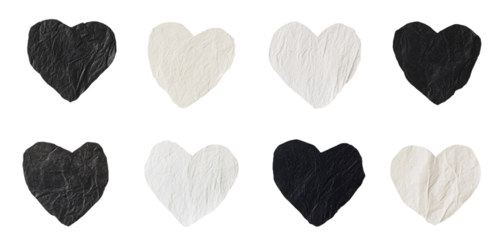 Creative minimalist mockups of textured hearts in contrasting colors arranged in a grid layout