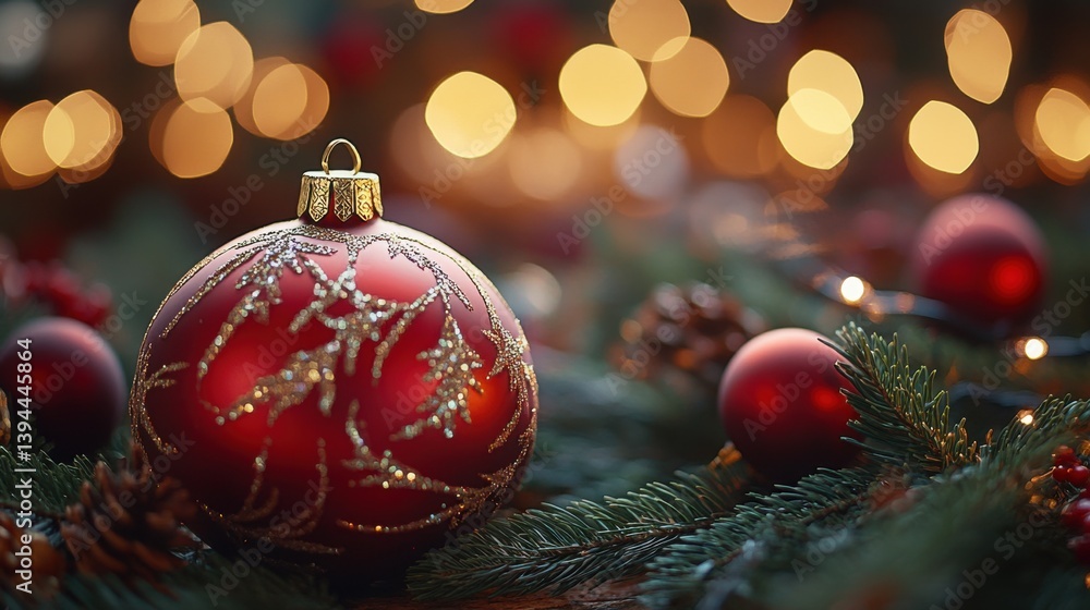 Poster a festive red ornament rests among pine branches, illuminated by soft bokeh lights, creating a warm 