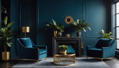 Stylish Living Room with Poster Frame on Wall and Green Sofa