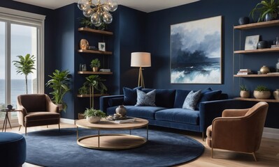 Elegant Dark Blue Living Room Interior with Wooden Flooring and Coffee Table