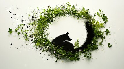 Fototapeta premium Black wolf on green foliage with white background and center silhouette