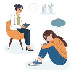 Woman talking to sad patient, psychotherapy session for treating mental health problems and depression. Psychologist consultation for patient, psychological help