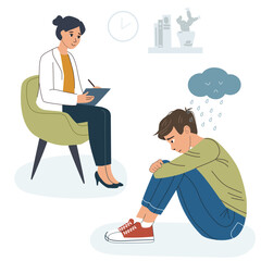 Female psychologist counseling depressed man under rain cloud. Mental health support and psychotherapy for patient, adolescent depression