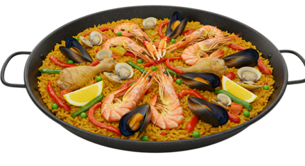 Vibrant and flavorful seafood paella with fresh ingredients and colorful garnishes