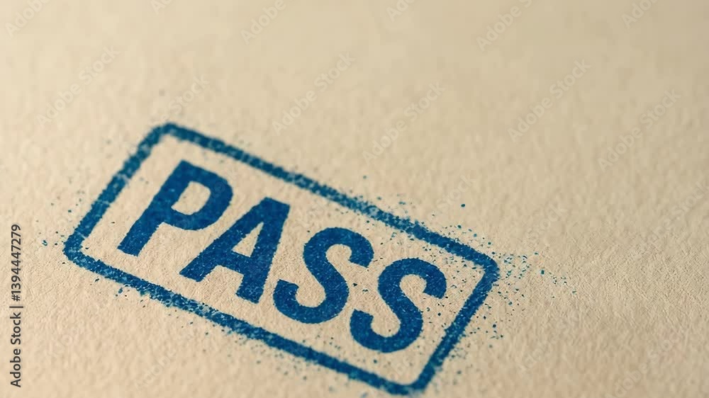 Poster clear stamp mark on textured paper signifies approval and success in assessment, showcasing importan