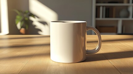 Obraz premium A white coffee cup sits on a wooden table.