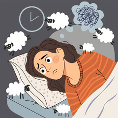 Woman suffering from insomnia lies in bed and counts sheep, sleepless girl suffers from sleep disorder at night. Mental health problems and anxiety disorders, illustration for article