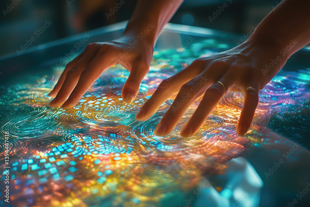 Aufkleber hands interacting with a vibrant, illuminated touchscreen display, showing swirling patterns of blue