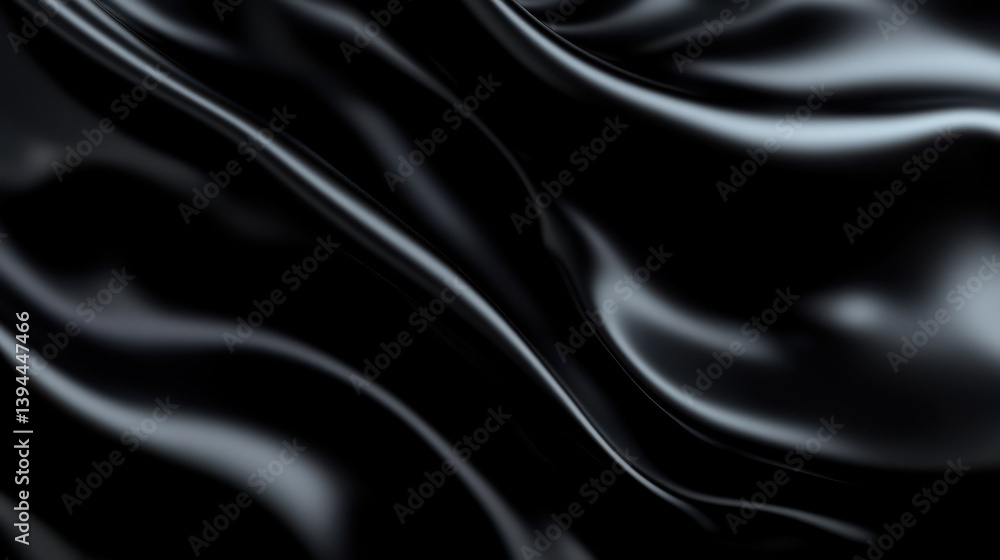 Poster luxurious abstract black satin fabric background with smooth wavy texture render for elegant graphic