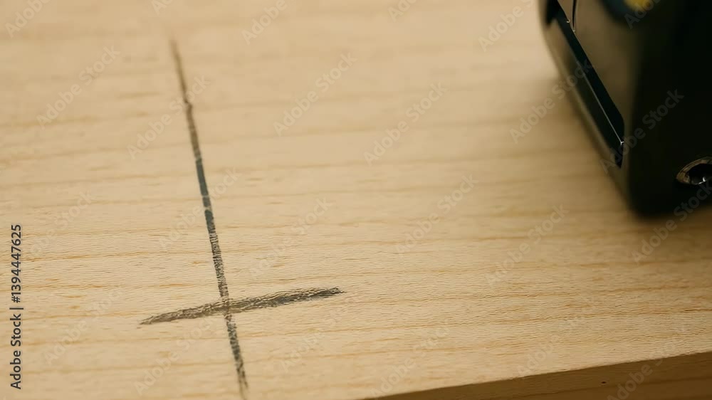 Poster precision measurement with measuring tool on wooden surface marked with cross ensures accurate rewor